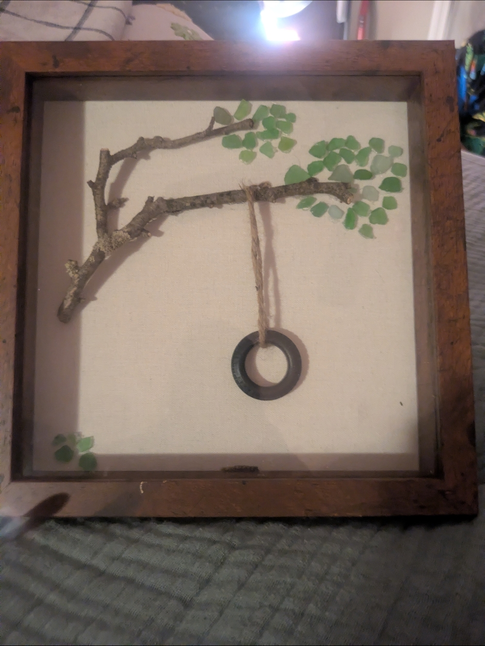 Framed Seaglass Branch & Swing Wall Art – Green and Brown